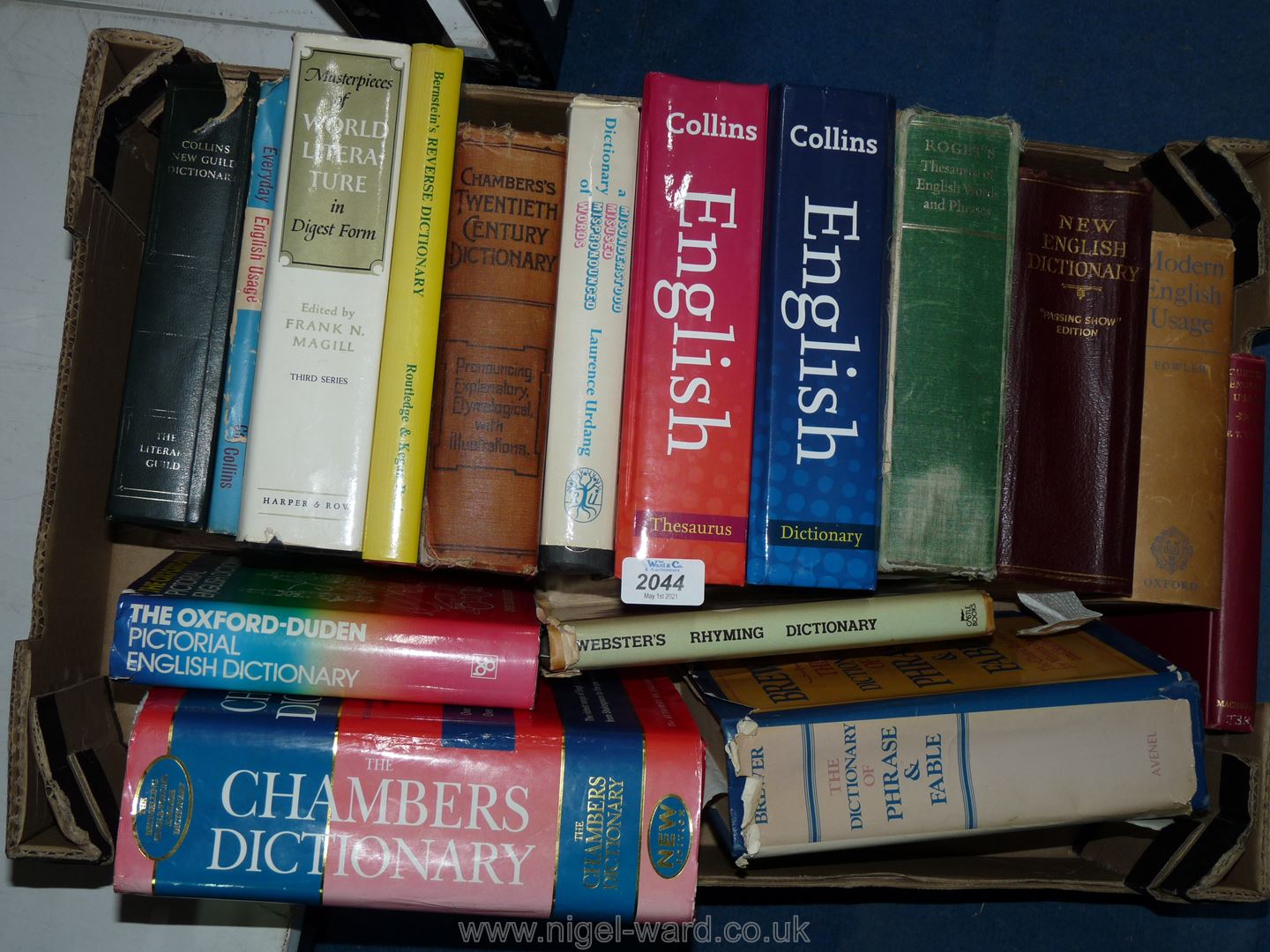 A box of dictionary's to include; Chambers 20th Century, Collins, Modern English Usage, etc.