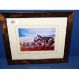 A framed Ian Van Zyl print depicting a pack of wild dogs on the African plains. 12 1/4" x 10 1/4".