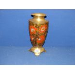 A tall enameled brass Vase, decorated with red flowers. 11 1/2" tall.