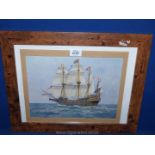 A framed Arthur Burgess Print of a Tall Ship in full sail, 18 3/4" x 14 3/4".