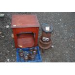 A small quantity of kilner jars, paraffin heater and a small wooden occasional table.