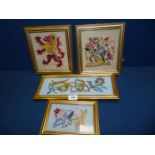 Four framed, embroidered pictures in gilt frames.