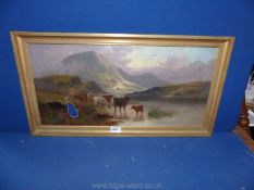 A framed Oil on board depicting Cattle drinking from a loch and ragged mountains in the distance,