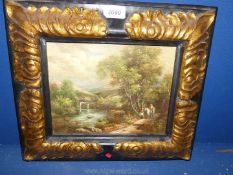 A heavy black and gilt framed over-painted Print on canvas depicting two figures,