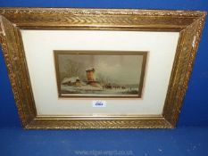 A framed and mounted Oelograph depicting a snow covered Dutch scene with figure by a boat,