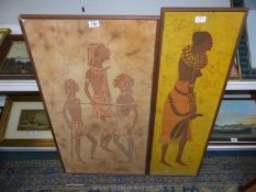 Two framed Paintings on material depicting African figures, one signed P.