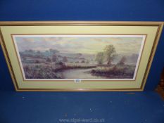 A framed and mounted Print by David Dipnall, Landscape fields and stream, 31" x 16 1/2".