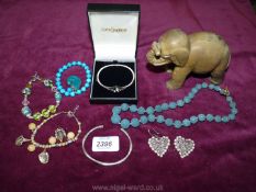 An Artisan seed pearl and crystal heart earrings, heart bangle, bamboo bangle, lava necklace,