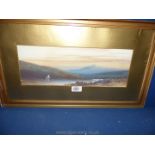 A framed and mounted Watercolour depicting Sailing boat on a loch with mountains in the distance,