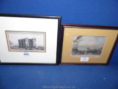 Two framed Etchings: The South East View of Wardour Castle and Milford Haven.