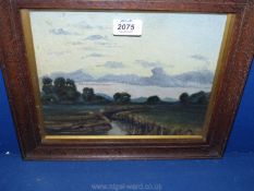 A wooden framed Oil on board of a country landscape with a stream running through green fields and