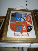 A framed and mounted Mixed Media painting of a Coat of Arms,