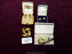 A pair of Lotus simulated pearl screw on ear rings and one other pair, tie pin and ring.