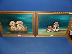 A pair of framed Oil on boards depicting dogs, Basset Hounds and Labradors, signed M.