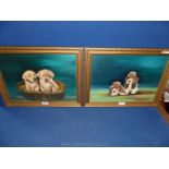 A pair of framed Oil on boards depicting dogs, Basset Hounds and Labradors, signed M.