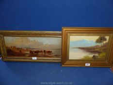 A framed Oil on board depicting a Drover and dog with cattle at waters edge, unsigned,