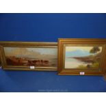 A framed Oil on board depicting a Drover and dog with cattle at waters edge, unsigned,