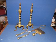 A pair of fine irons, long brass tongs, brush etc.