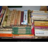 A box of novels and biographies etc, paperbacks: penguin, 'Lark Rise to Candleford', medicines etc.