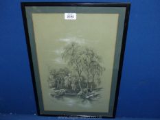 A framed and mounted charcoal Drawing entitled "The Heron Pool", signed lower right Doris J.