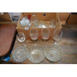 A box of miscellaneous glass, large wine glasses, trifle dish etc.