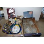 A box of glass including part dressing table set, pestle and mortar, large coloured bowls etc.