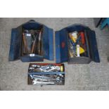 Two metal tool boxes containing spanners, hand tools etc.