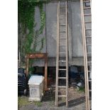 A thirteen rung single extension wooden Ladder.