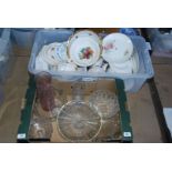 A large box of various tea china, teapots etc., and a box of glass including cake stand.