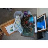 A box of various pictures, cushions, hose, lamps etc.
