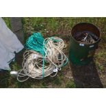 A vintage BP Energol drum of cable, two extension leads and length of rope.