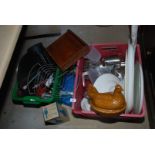 Two tubs of stainless steel kitchenware, plastic sandwich plates, hen on nest etc.