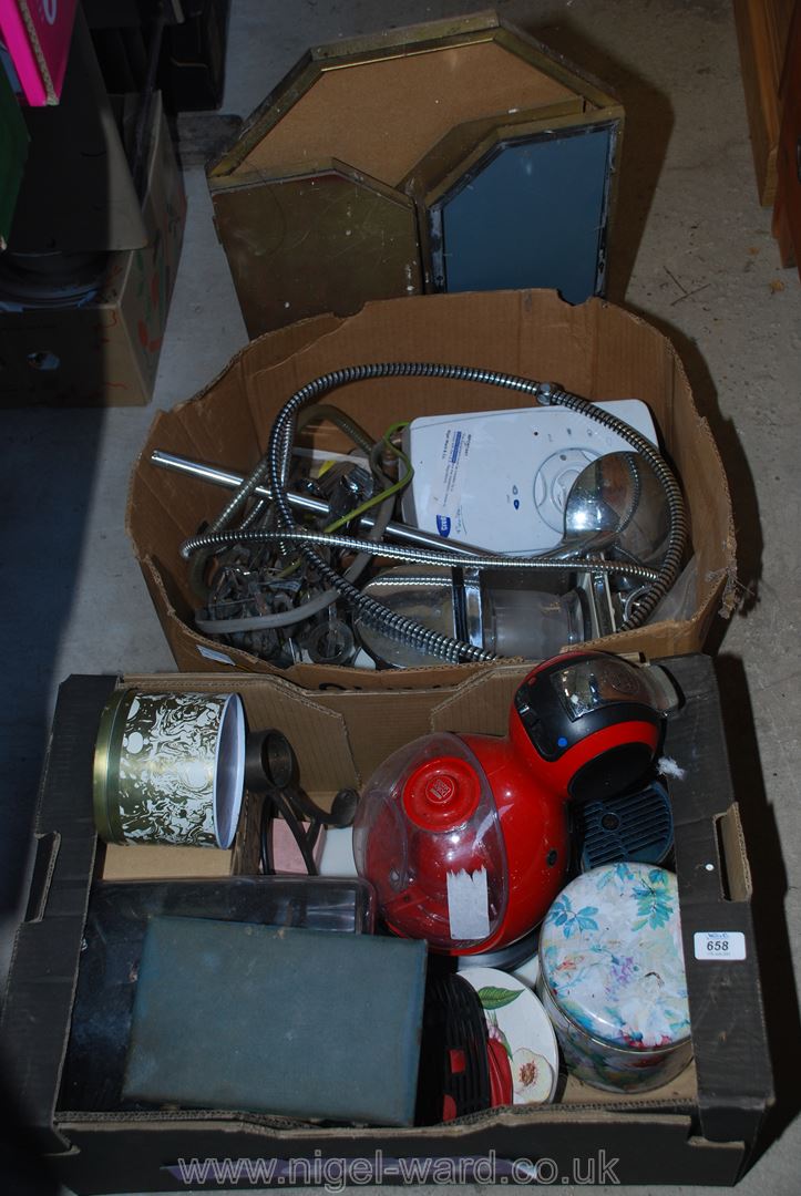 Two boxes of miscellanea including electric shower, coffee maker, metalware etc.