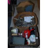 Two boxes of miscellanea including electric shower, coffee maker, metalware etc.