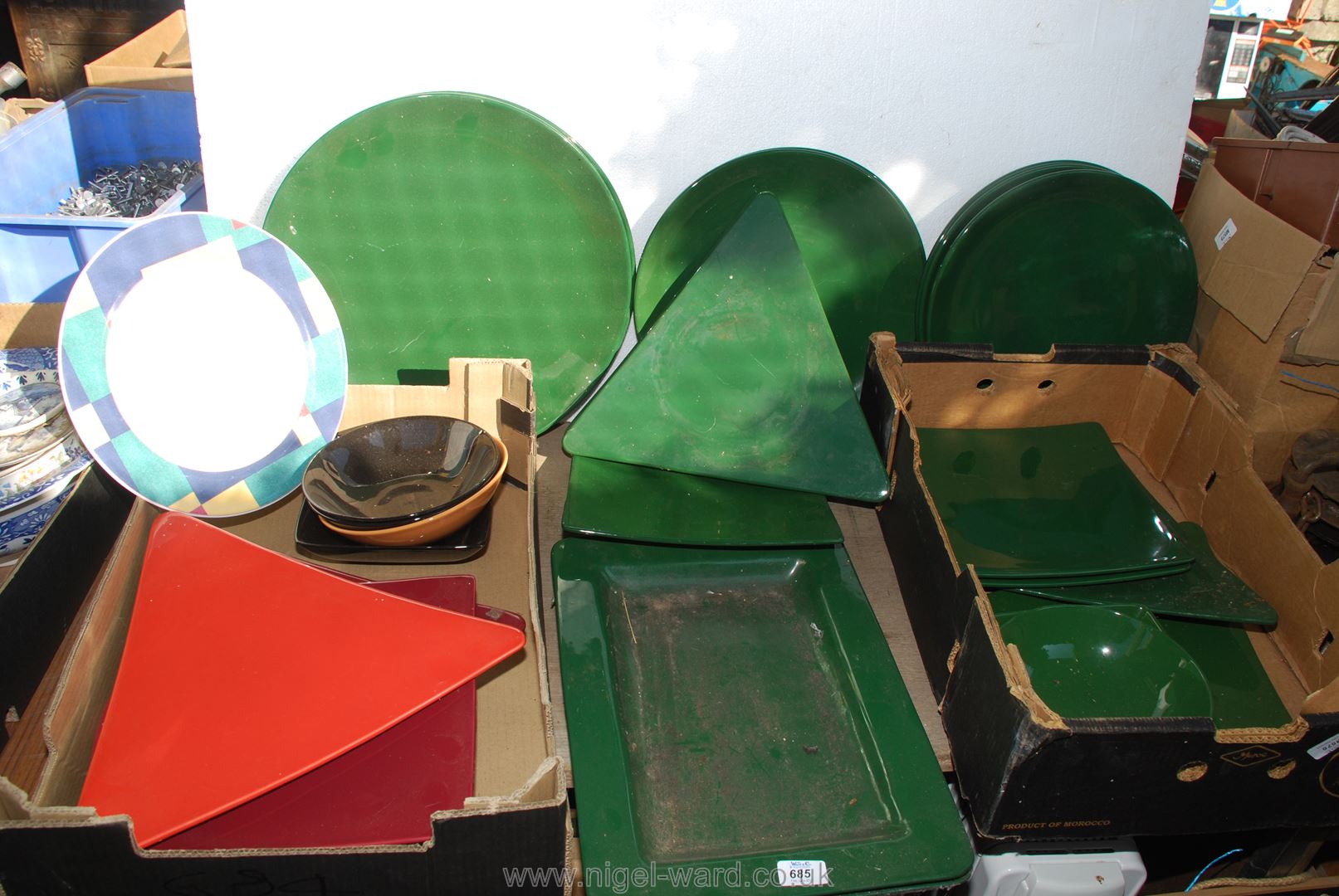 Two boxes of large green platters and plates etc.