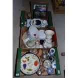 Three boxes of kitchen cookware, plates, dishes, framed pictures etc.