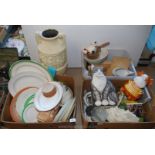 A large urn a/f., kitchen chopping boards and two other boxes of various chinaware etc.