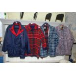 Four lumber jack style quilted jackets and a rain jacket mostly large/XXXL.
