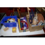 Three boxes of artist equipment, dolls house furniture, recorders etc.