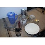 A quantity of jugs, glassware, storage jar and kitchen blow torch.
