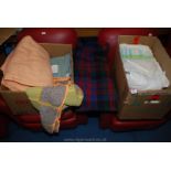Two boxes of fleece blankets, crochet blankets, picnic blanket, linen etc.