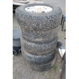 Five 255/70 R17 off road Tyres on alloy wheels with six stud rims, (off Mitisbushi).