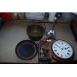A brass swing pan, old mincer, heavy frying pan, clock etc.