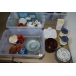 A box of miscellaneous china including kitchen storage jars, casserole dish and lid,