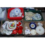 A blue and white dinner service, plus three boxes of various plates, mugs etc.