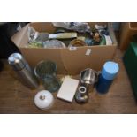 A box of flasks, vases and miscellaneous china.