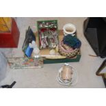 A box of cutlery, onyx bookends, table lamp etc.