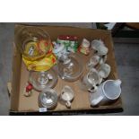 A box of various jugs, glass tazzas etc.