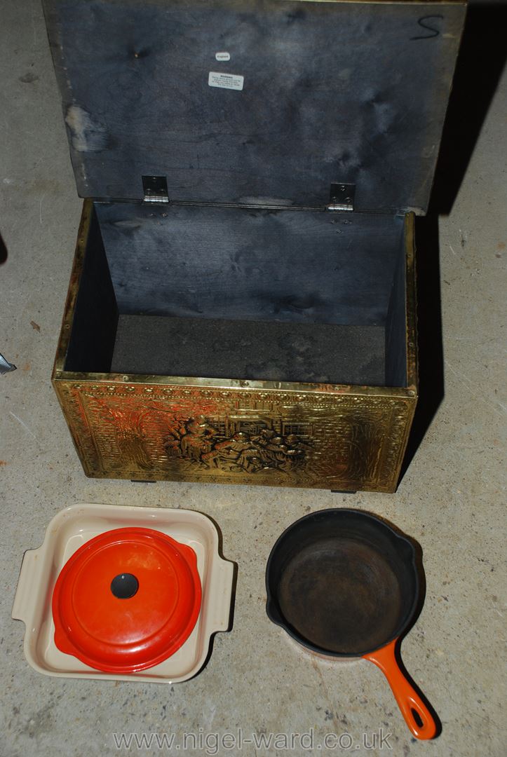 A Le Creuset 20 cm saucepan and lid, baking dish and brass coal box. - Image 2 of 2