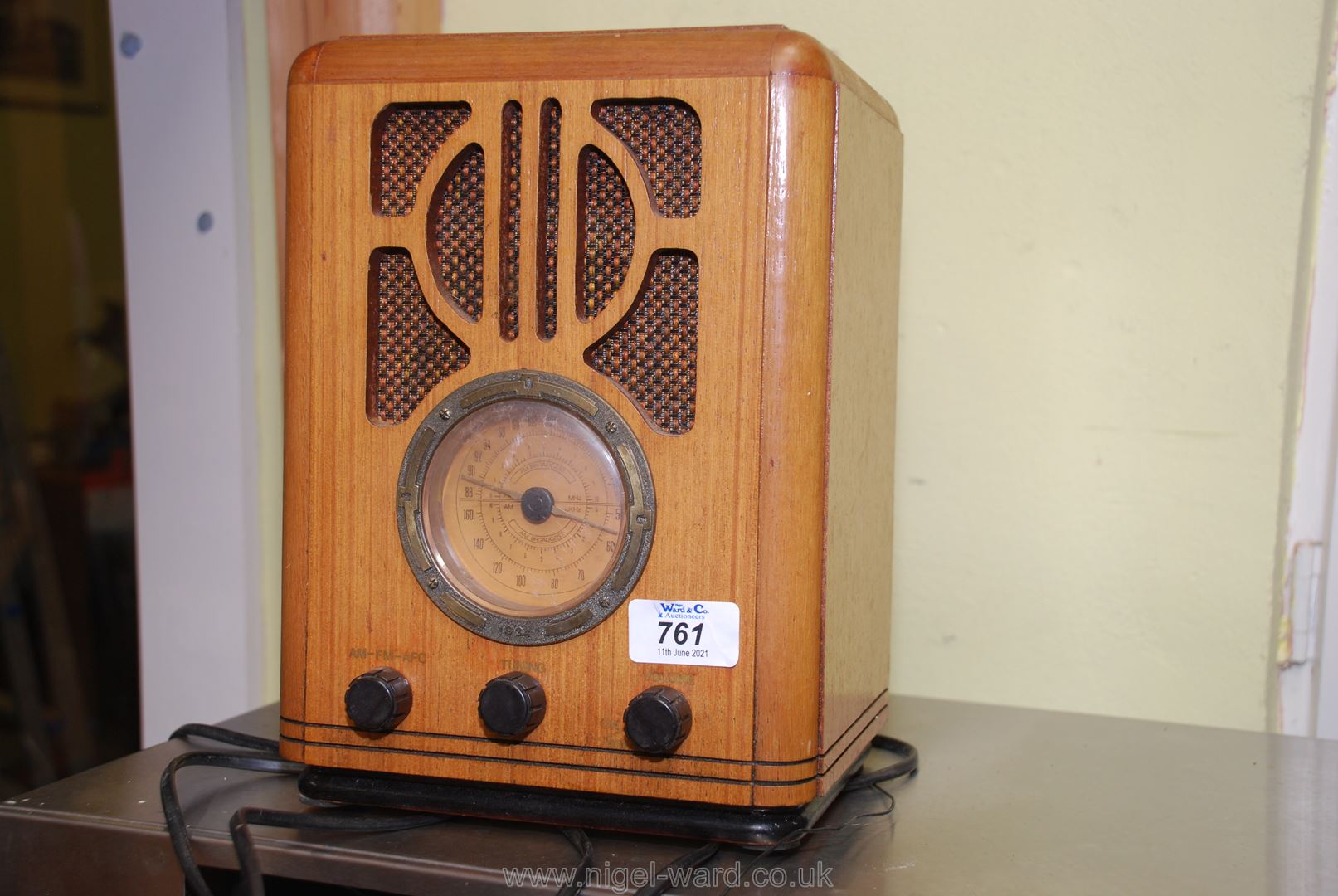 A wooden cased radio.